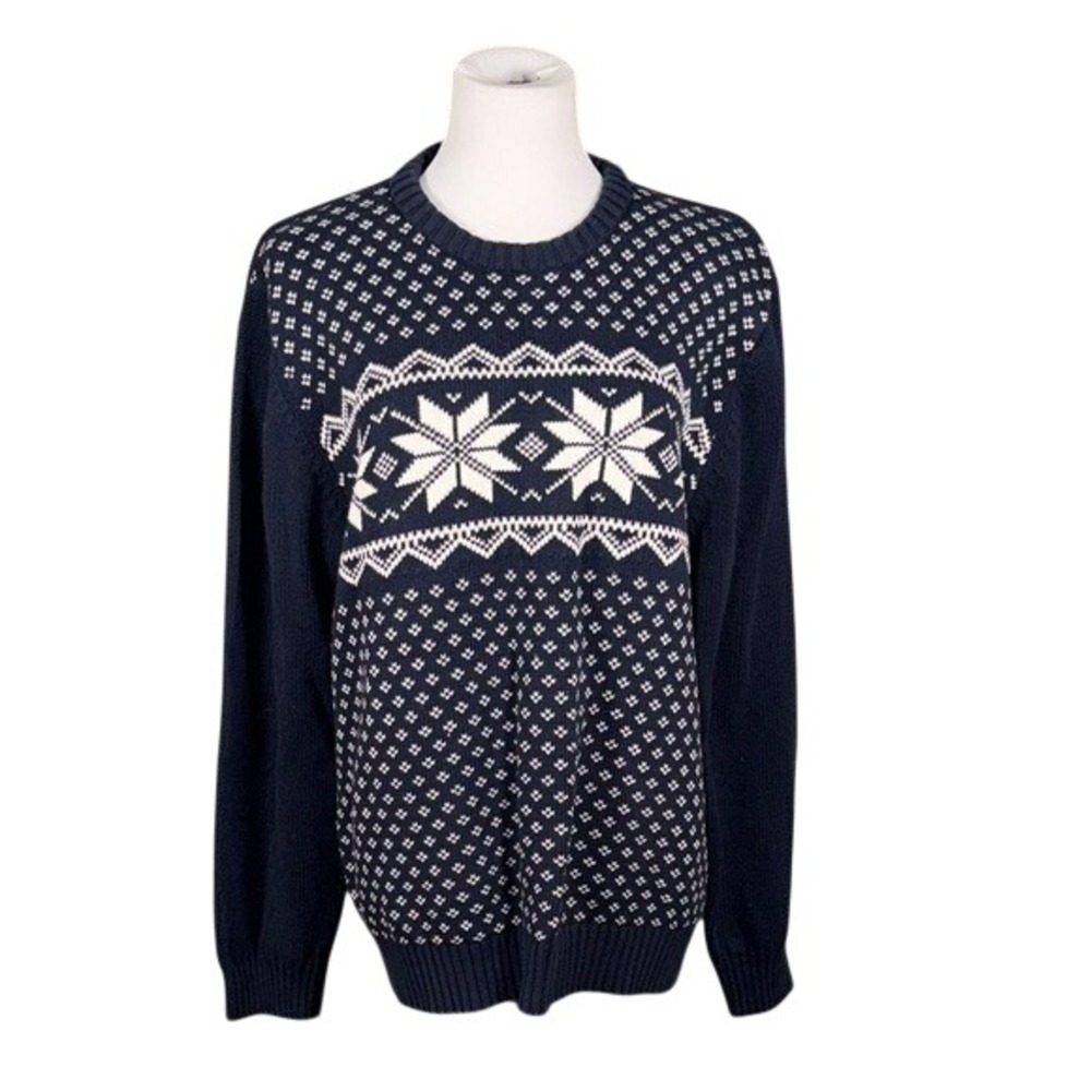 Haggar Sweater Mens S Navy Blue Fair Isle Snowflake Cotton Pullover